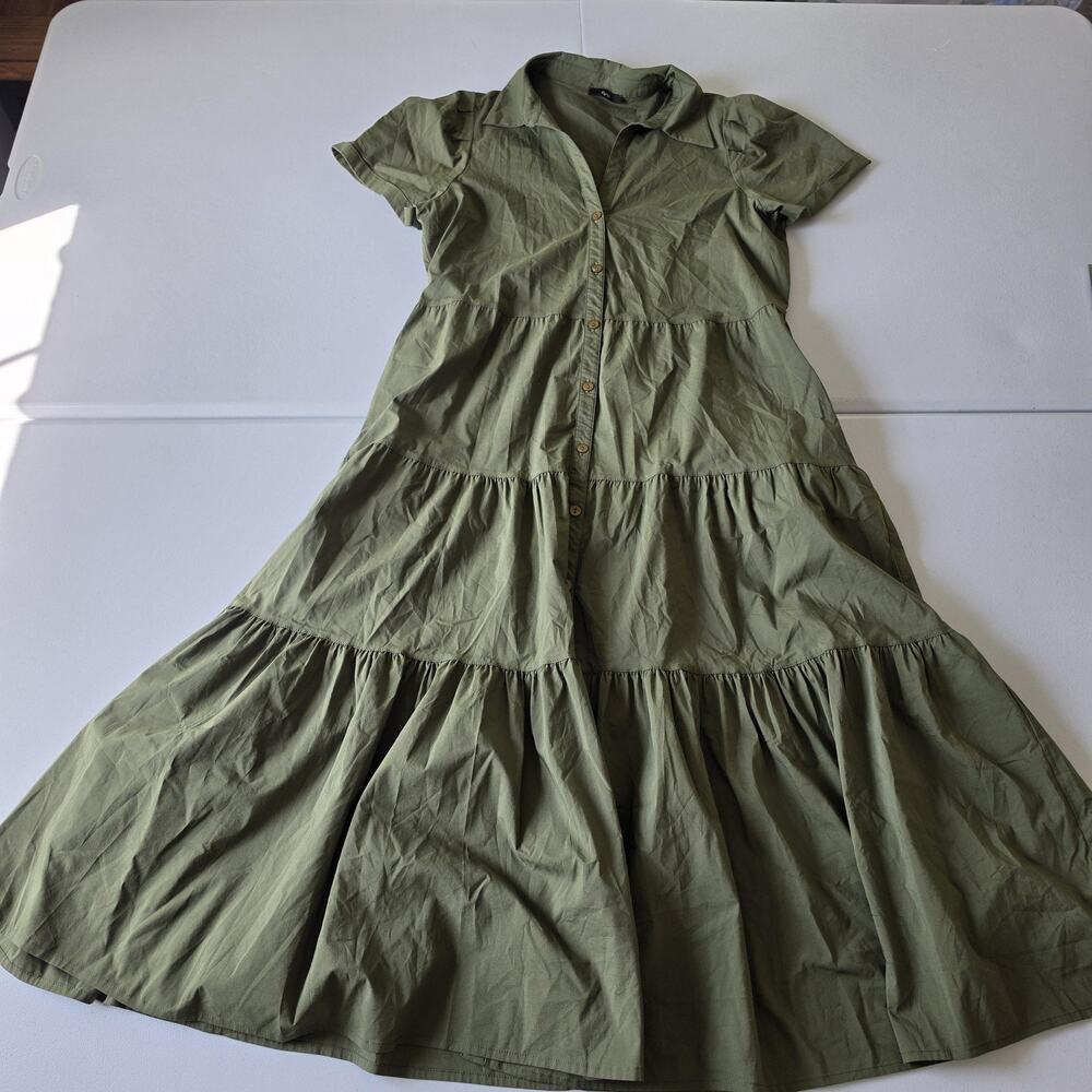 Ruti Dress Womens M/L Green Cotton Blend Shirt Dress Collared Tiered Maxi Casual